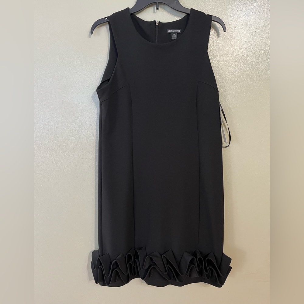 Nina Leonard Womens Black Stretch Back Zip Knee Length Ruffed Hem Dress M NWT